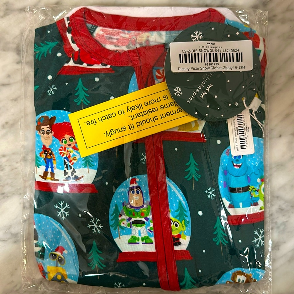 NIB Little Sleepies Disney Pixar Snow Globes, Holiday; Sz 6-12 mos.